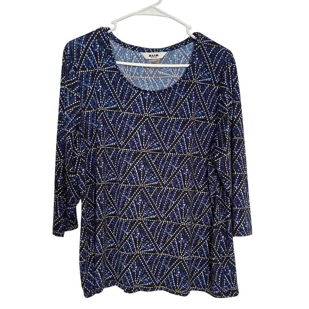 Alia Petites Blouse Women PXL Blue Excellent Geometric 3/4 Sleeve Scoop Neck Top